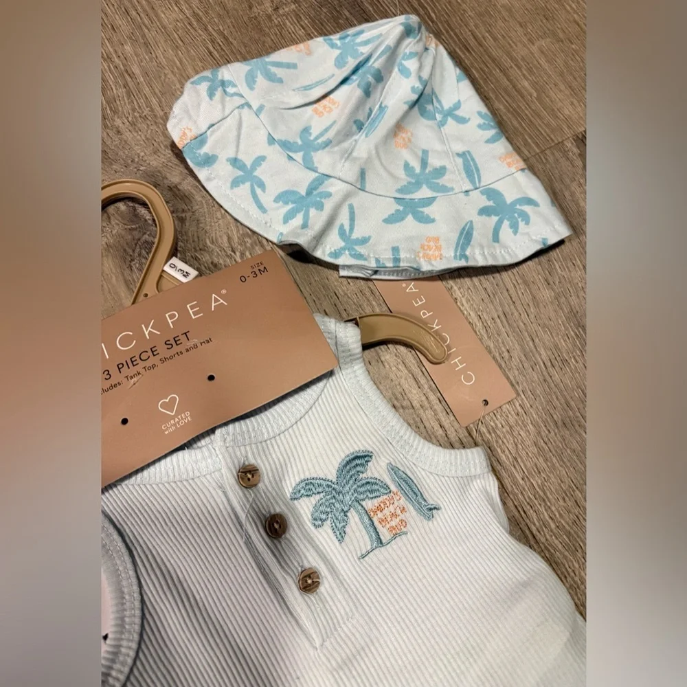 Chick Pea Daddy’s Beach Bud 3pc Baby Boy Set | Blue Palm Tree Outfit w/ Hat NWT